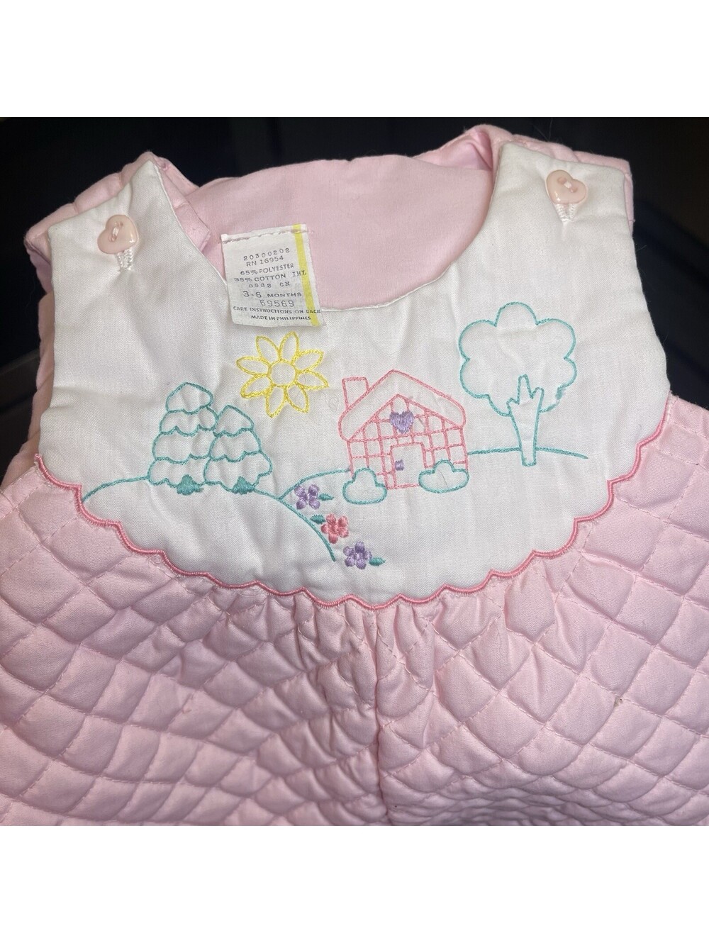 Vintage Y2K Unbranded Pink Quilted Jumper Overall Embroidery Romper | 3-6M